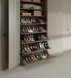 bespoke shoes storage as part of a fitted wardrobe | fitted wardrobes made in Kent 